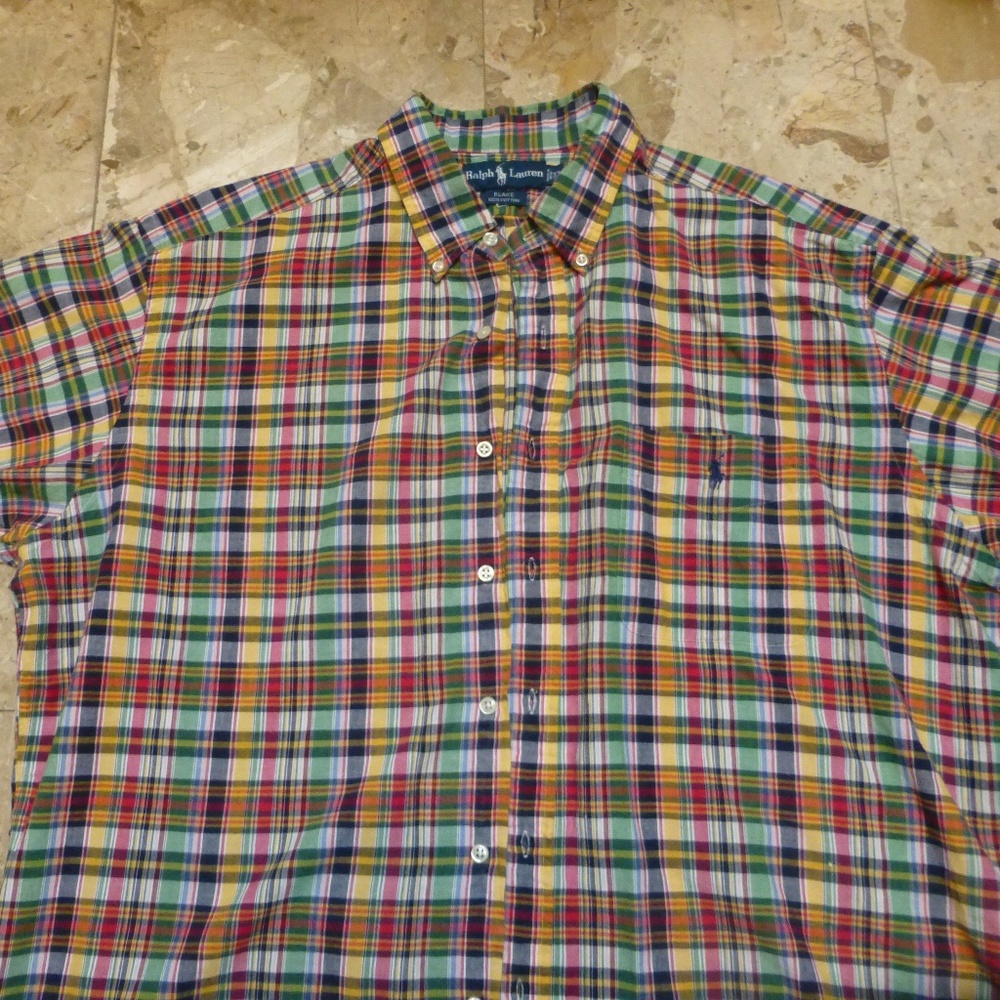 RALPH LAUREN BLAKE BUTTON DOWN SHIRT YELLOW RED BLUE PLAID MADRAS 100 % COTTON